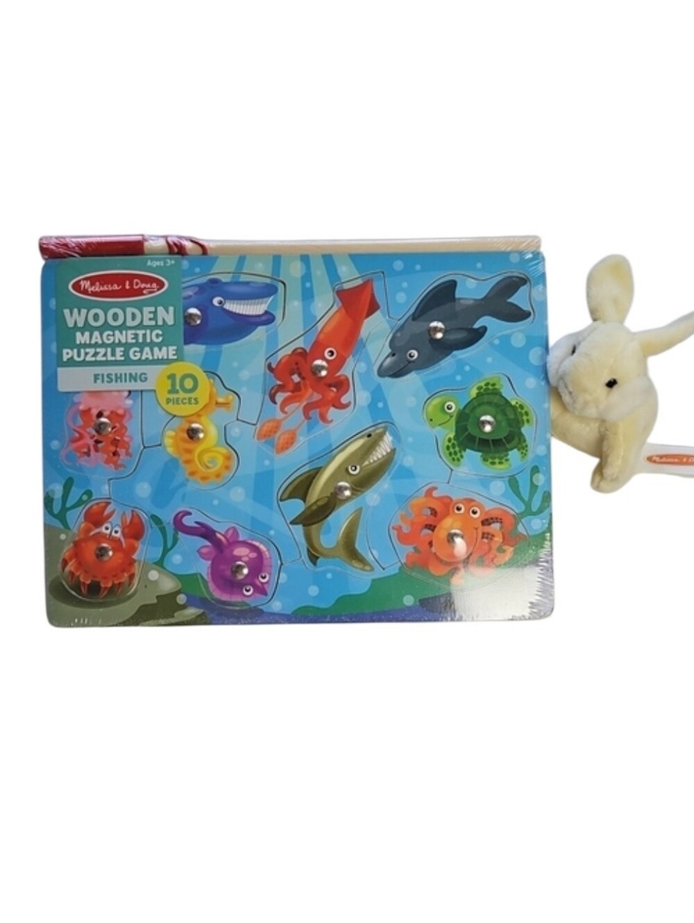 Melissa & Doug Wooden Magnetic Puzzle Fishing Game New & Small Plush Bunny Hops